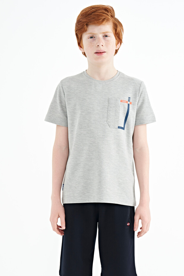 Gri Melanj Cep Detaylı O Yaka Standart Kalıp Erkek Çocuk T-Shirt - 11120