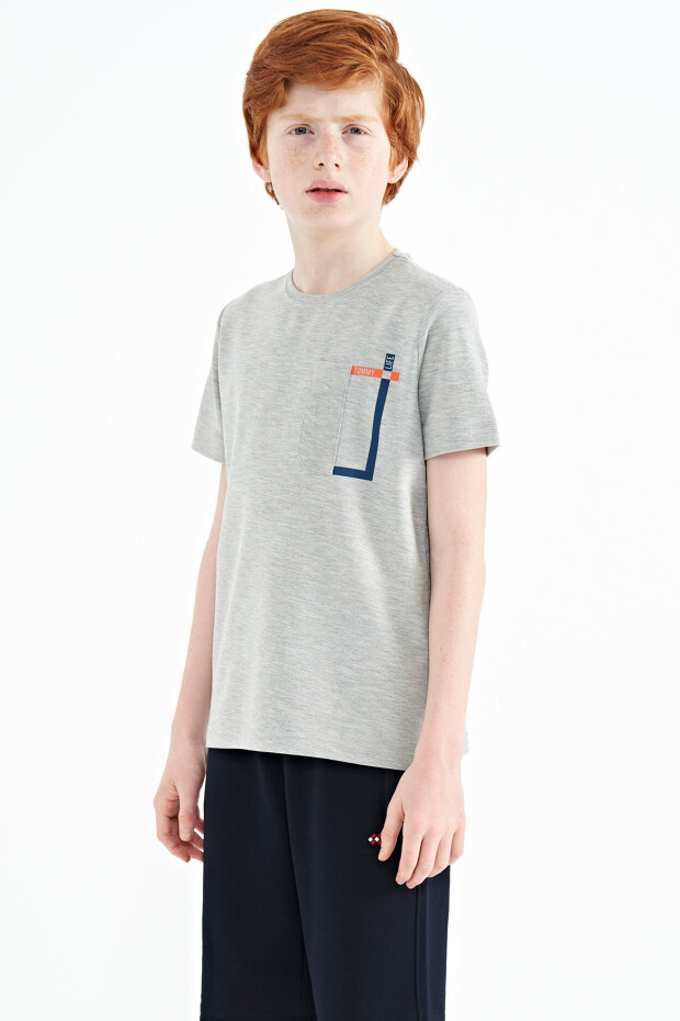 Gri Melanj Cep Detaylı O Yaka Standart Kalıp Erkek Çocuk T-Shirt - 11120