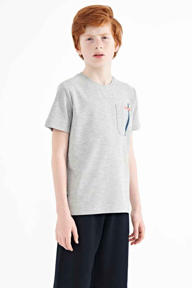 Gri Melanj Cep Detaylı O Yaka Standart Kalıp Erkek Çocuk T-Shirt - 11120