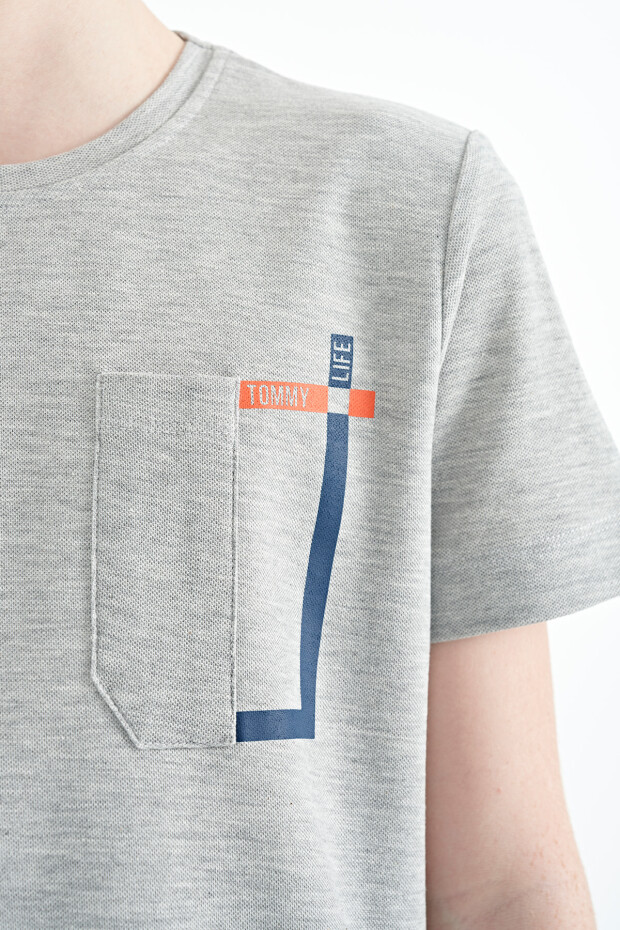 Gri Melanj Cep Detaylı O Yaka Standart Kalıp Erkek Çocuk T-Shirt - 11120