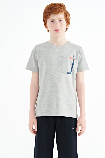 Gri Melanj Cep Detaylı O Yaka Standart Kalıp Erkek Çocuk T-Shirt - 11120 