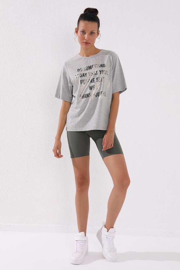 Gri Melanj Deforme Yazı Baskılı O Yaka Kadın Oversize T-Shirt - 97133