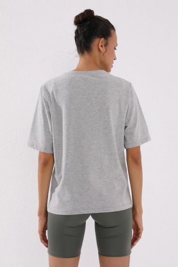 Gri Melanj Deforme Yazı Baskılı O Yaka Kadın Oversize T-Shirt - 97133 - Thumbnail