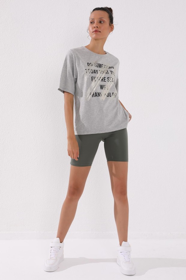 Gri Melanj Deforme Yazı Baskılı O Yaka Kadın Oversize T-Shirt - 97133