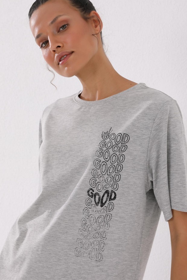Gri Melanj Deforme Yazı Baskılı O Yaka Kadın Oversize T-Shirt - 97134