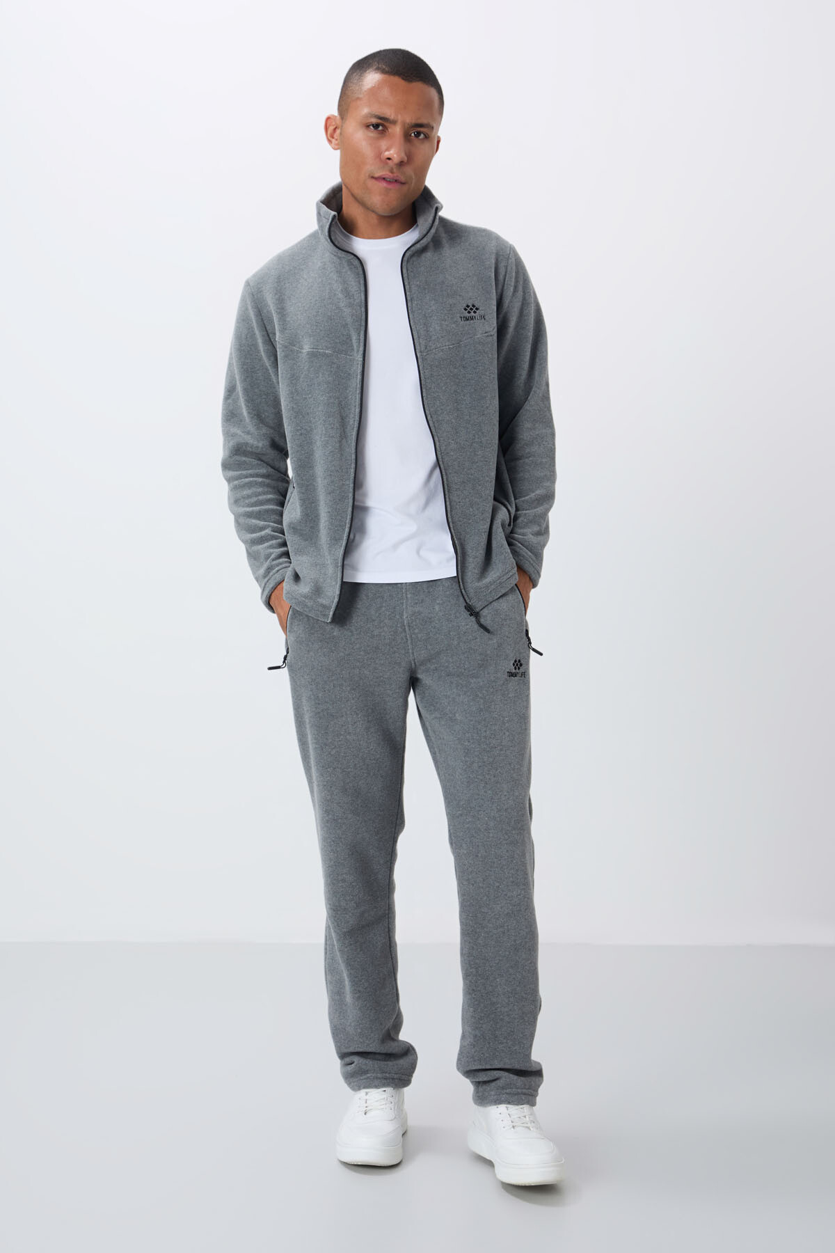 Gri Melanj Dik Yaka Basic Fermuar Cepli Standart Kalıp Erkek Polar Eşofman Takımı - 85193 - TOMMYLIFE