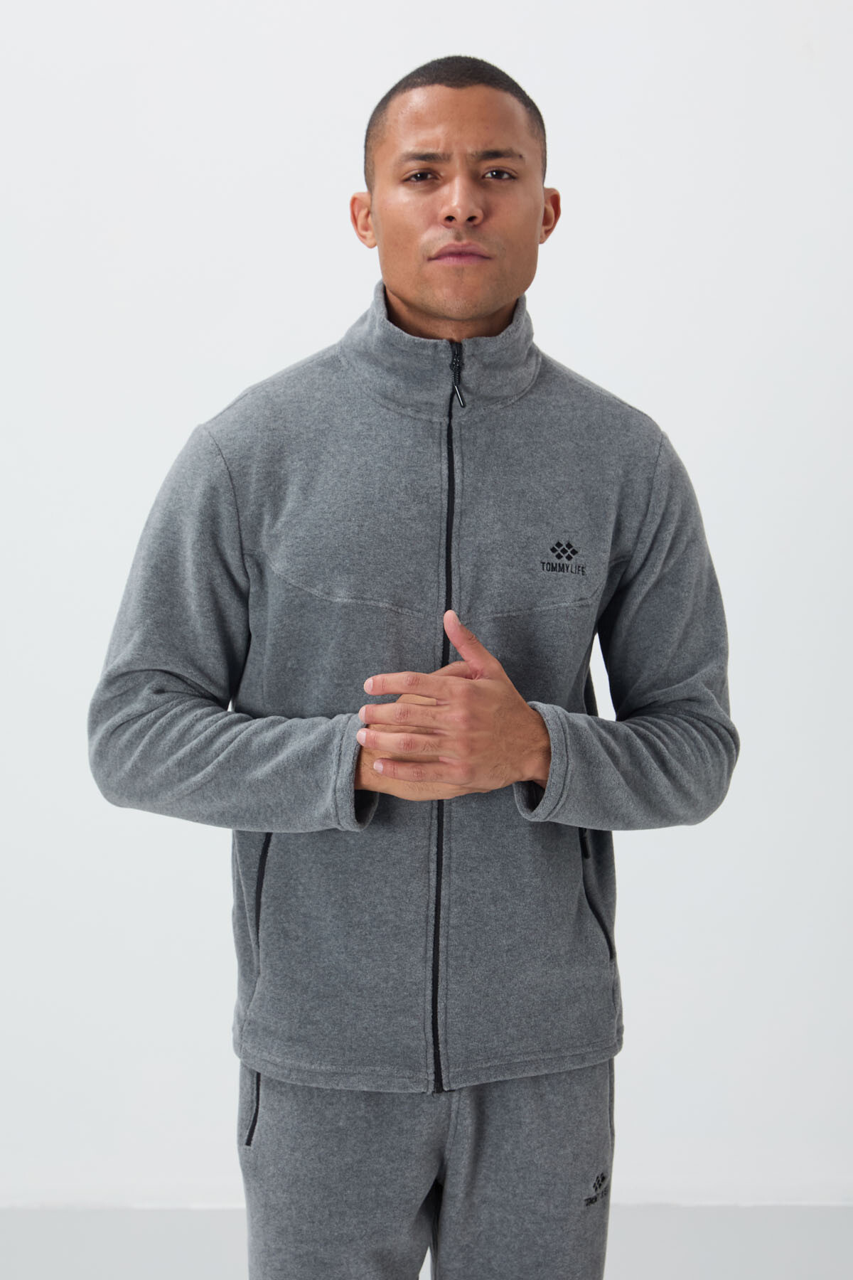Gri Melanj Dik Yaka Basic Fermuar Cepli Standart Kalıp Erkek Polar Eşofman Takımı - 85193 - TOMMYLIFE (1)