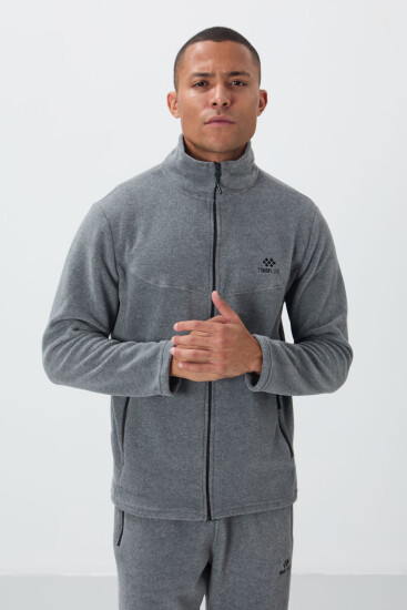 Gri Melanj Dik Yaka Basic Fermuar Cepli Standart Kalıp Erkek Polar Eşofman Takımı - 85193 - TOMMYLIFE (1)