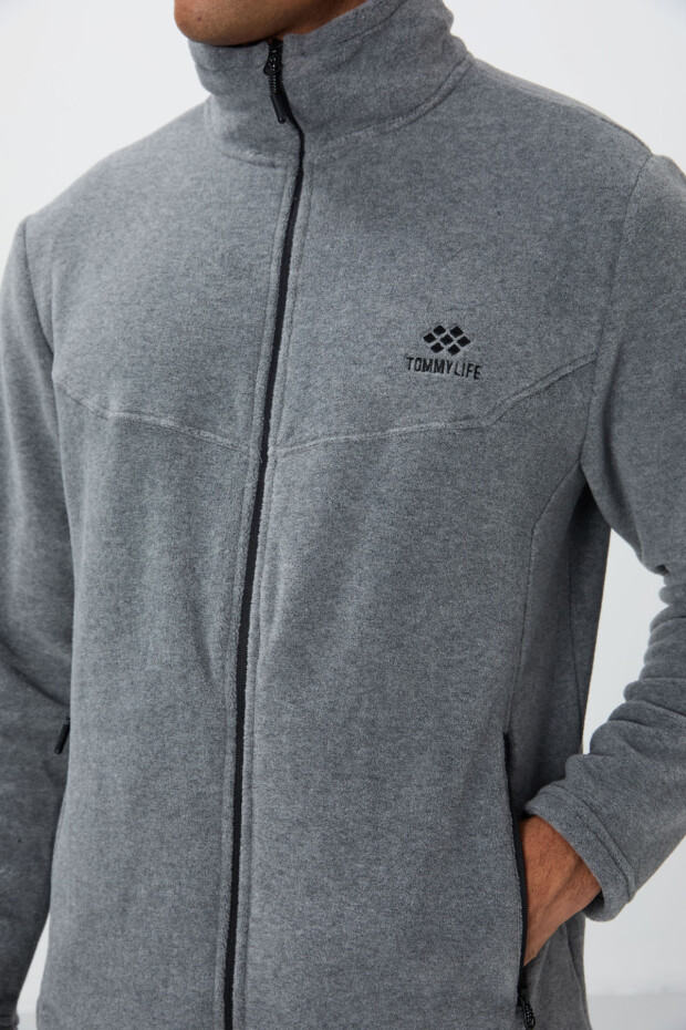 Gri Melanj Dik Yaka Basic Fermuar Cepli Standart Kalıp Erkek Polar Eşofman Takımı - 85193 - 6