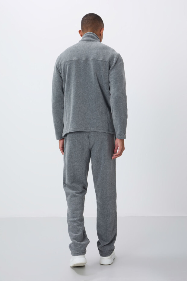 Gri Melanj Dik Yaka Basic Fermuar Cepli Standart Kalıp Erkek Polar Eşofman Takımı - 85193 - 7
