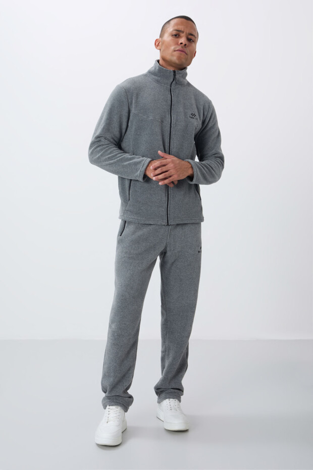 Gri Melanj Dik Yaka Basic Fermuar Cepli Standart Kalıp Erkek Polar Eşofman Takımı - 85193 - 3