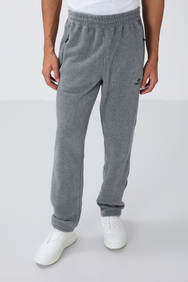 Gri Melanj Dik Yaka Basic Fermuar Cepli Standart Kalıp Erkek Polar Eşofman Takımı - 85193 - 4