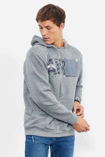 Gri Melanj Air Yazı Baskılı Kapüşonlu Rahat Form Erkek Sweatshirt - 88009 