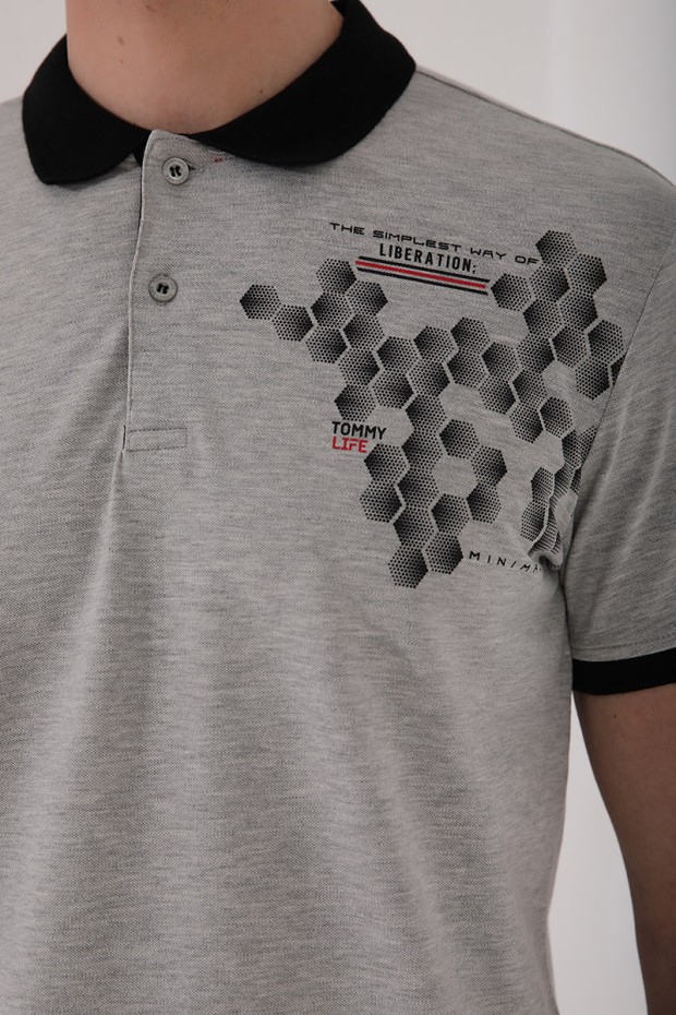 Gri Melanj Altıgen Desen Baskılı Standart Kalıp Polo Yaka Erkek T-Shirt - 87928