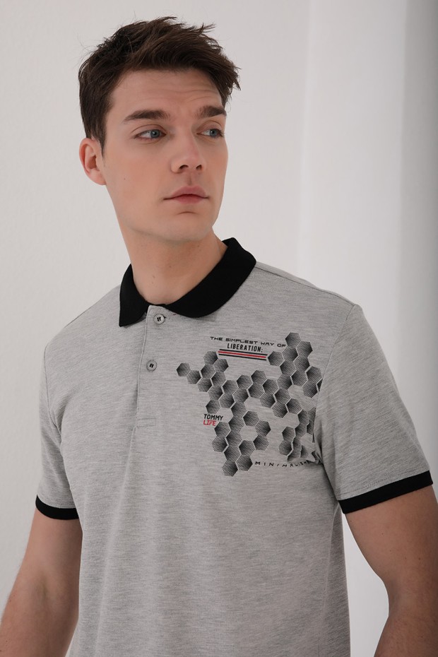 Gri Melanj Altıgen Desen Baskılı Standart Kalıp Polo Yaka Erkek T-Shirt - 87928
