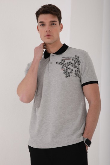 Gri Melanj Altıgen Desen Baskılı Standart Kalıp Polo Yaka Erkek T-Shirt - 87928 - Thumbnail