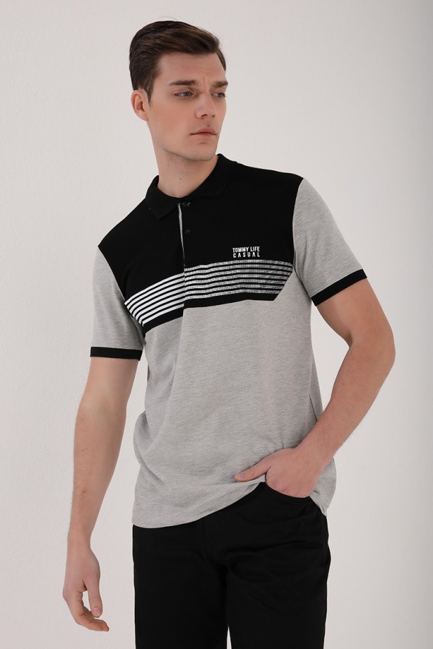 Gri Melanj Çift Renk Göğüs Baskılı Standart Kalıp Triko Polo Yaka Erkek T-Shirt - 87939