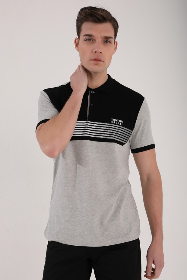 Gri Melanj Çift Renk Göğüs Baskılı Standart Kalıp Triko Polo Yaka Erkek T-Shirt - 87939