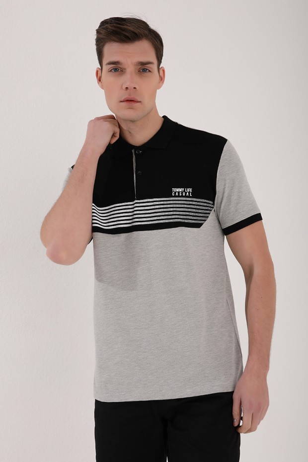 Gri Melanj Çift Renk Göğüs Baskılı Standart Kalıp Triko Polo Yaka Erkek T-Shirt - 87939