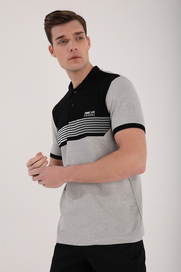 Gri Melanj Çift Renk Göğüs Baskılı Standart Kalıp Triko Polo Yaka Erkek T-Shirt - 87939