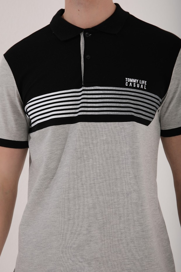 Gri Melanj Çift Renk Göğüs Baskılı Standart Kalıp Triko Polo Yaka Erkek T-Shirt - 87939