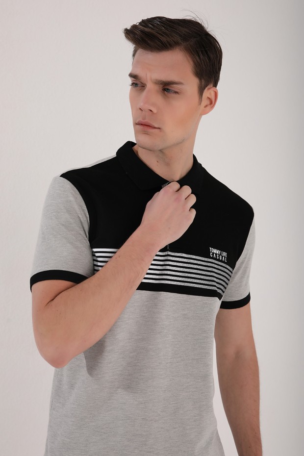 Gri Melanj Çift Renk Göğüs Baskılı Standart Kalıp Triko Polo Yaka Erkek T-Shirt - 87939