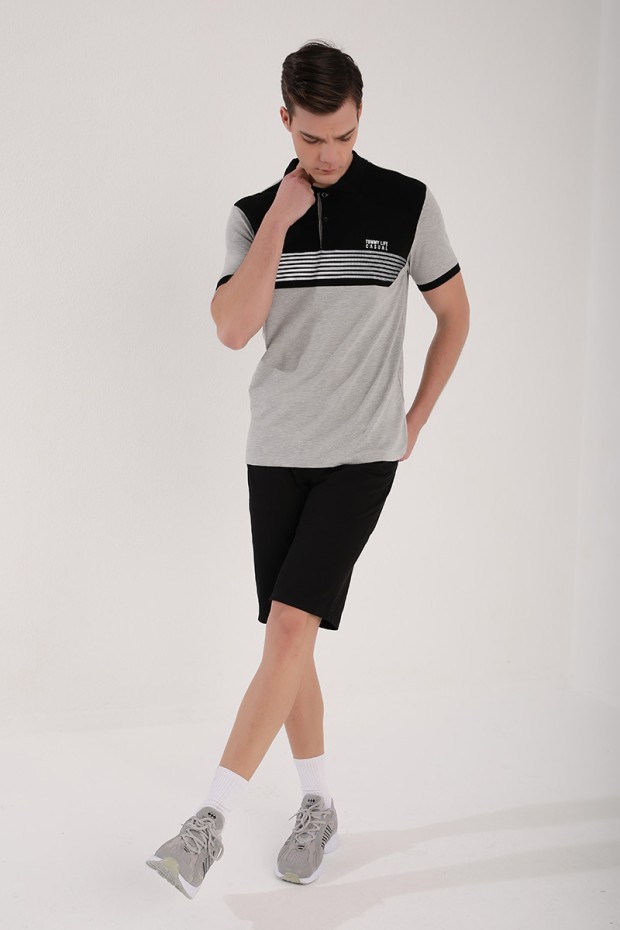 Gri Melanj Çift Renk Göğüs Baskılı Standart Kalıp Triko Polo Yaka Erkek T-Shirt - 87939