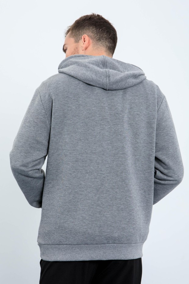 Gri Melanj Desen Baskılı Kapüşonlu Rahat Form Erkek Sweatshirt - 88015