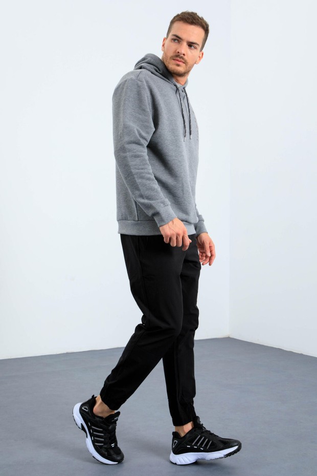 Gri Melanj Desen Baskılı Kapüşonlu Rahat Form Erkek Sweatshirt - 88018