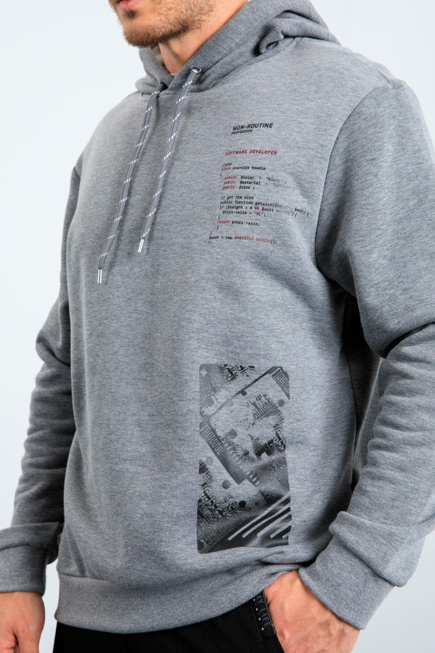 Gri Melanj Desen Baskılı Kapüşonlu Rahat Form Erkek Sweatshirt - 88018