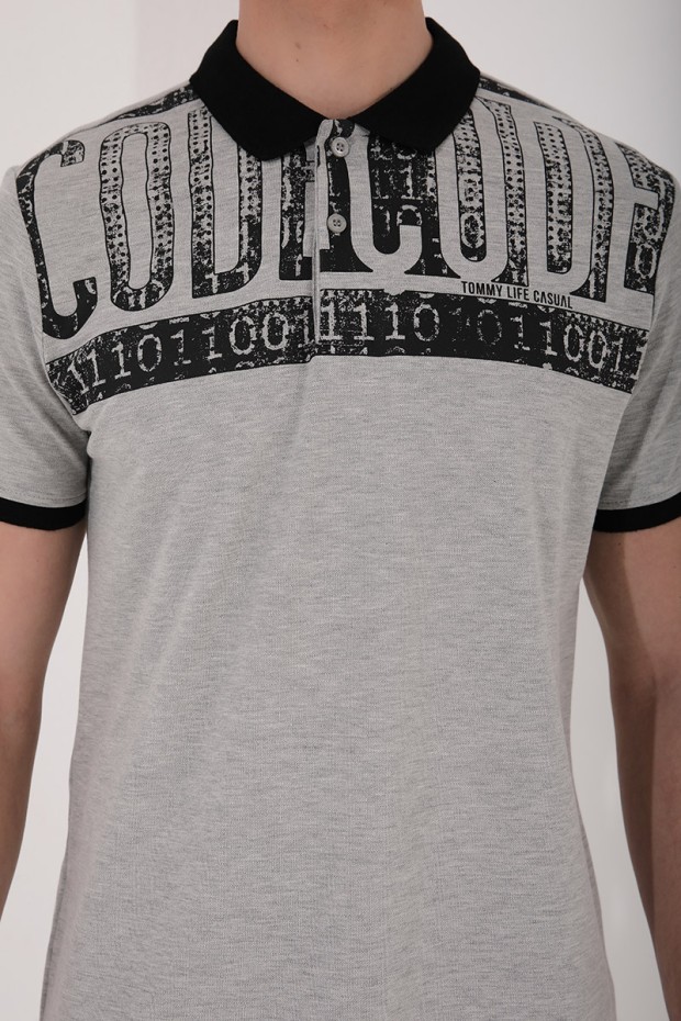 Gri Melanj Eskitme Yazı Baskılı Standart Kalıp Polo Yaka Erkek T-Shirt - 87929