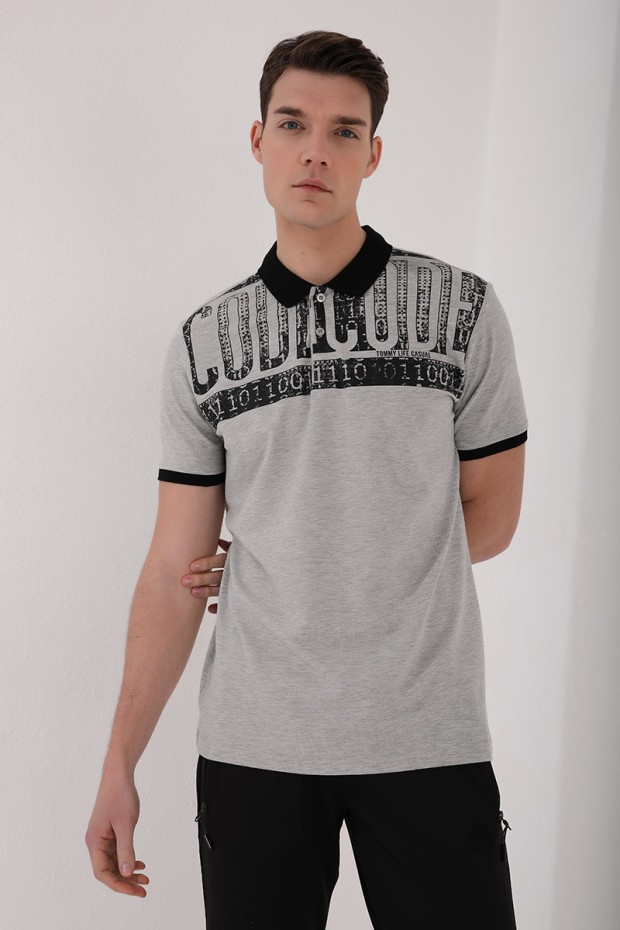 Gri Melanj Eskitme Yazı Baskılı Standart Kalıp Polo Yaka Erkek T-Shirt - 87929