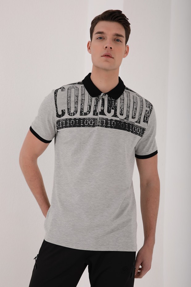 Gri Melanj Eskitme Yazı Baskılı Standart Kalıp Polo Yaka Erkek T-Shirt - 87929