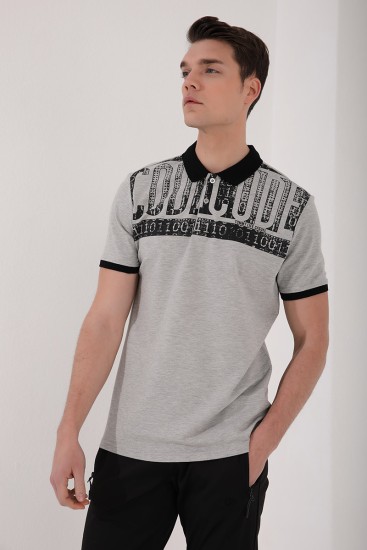 Gri Melanj Eskitme Yazı Baskılı Standart Kalıp Polo Yaka Erkek T-Shirt - 87929 - Thumbnail