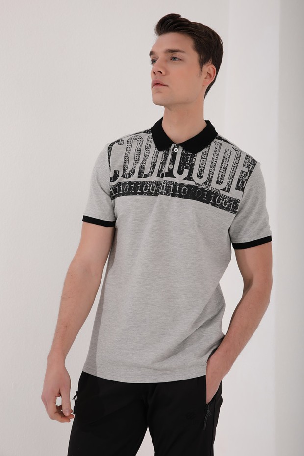 Gri Melanj Eskitme Yazı Baskılı Standart Kalıp Polo Yaka Erkek T-Shirt - 87929