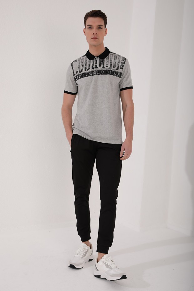 Gri Melanj Eskitme Yazı Baskılı Standart Kalıp Polo Yaka Erkek T-Shirt - 87929