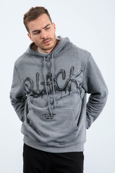 Gri Melanj Graffiti Yazı Baskılı Kapüşonlu Rahat Form Erkek Sweatshirt - 88031 