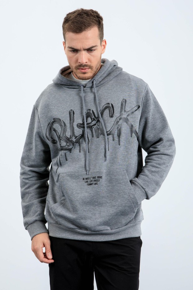Gri Melanj Graffiti Yazı Baskılı Kapüşonlu Rahat Form Erkek Sweatshirt - 88031