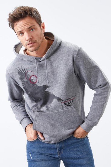 Gri Melanj Kuzgun Baskılı Kapüşonlu Kanguru Cepli Rahat Form Erkek Sweatshirt - 88014 