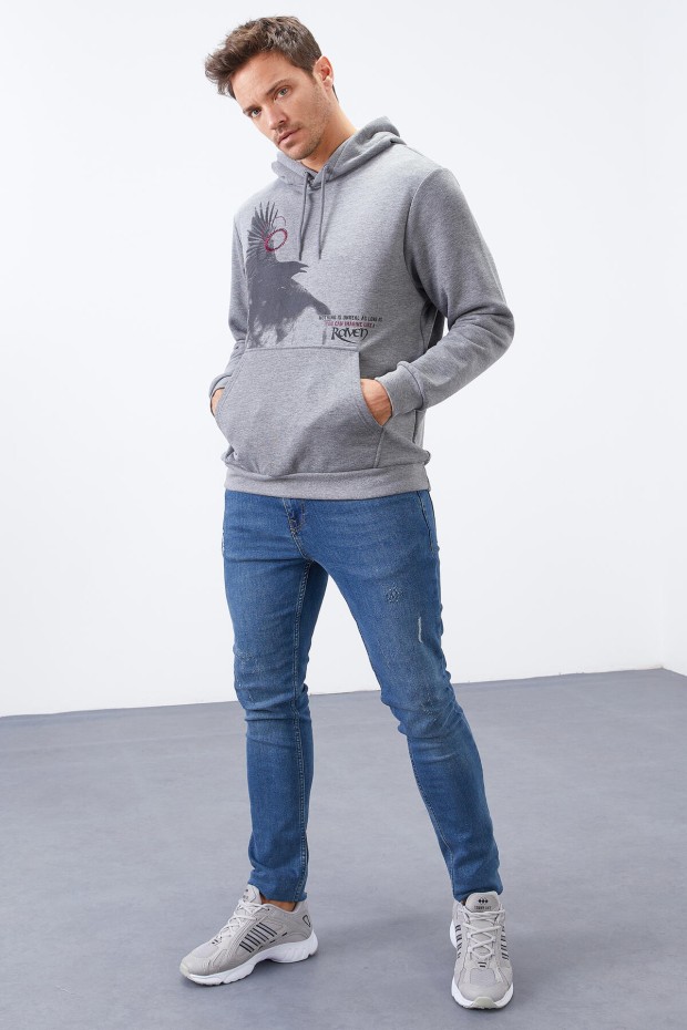 Gri Melanj Kuzgun Baskılı Kapüşonlu Kanguru Cepli Rahat Form Erkek Sweatshirt - 88014