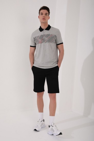 Gri Melanj Sayı Detaylı Çizgi Baskılı Standart Kalıp Polo Yaka Erkek T-Shirt - 87955 - Thumbnail
