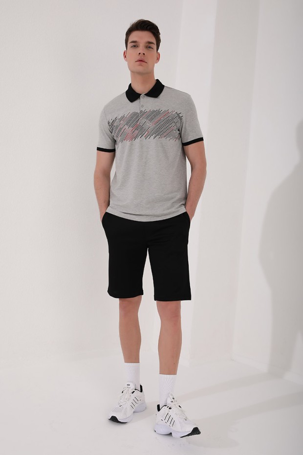 Gri Melanj Sayı Detaylı Çizgi Baskılı Standart Kalıp Polo Yaka Erkek T-Shirt - 87955