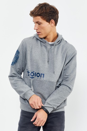 Gri Melanj Yazı ve Desen Baskılı Kapüşonlu Rahat Form Erkek Sweatshirt - 88011 