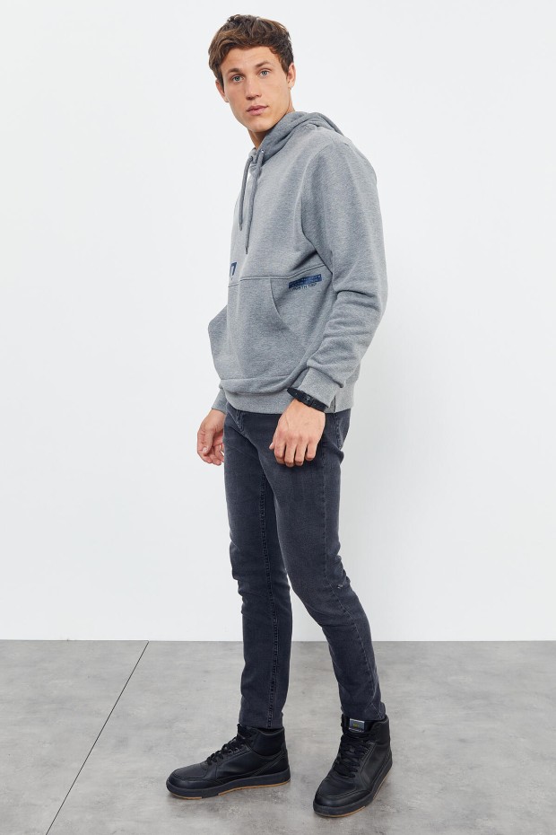 Gri Melanj Yazı ve Desen Baskılı Kapüşonlu Rahat Form Erkek Sweatshirt - 88011