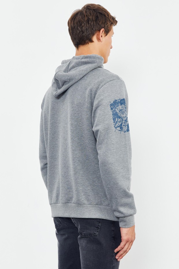 Gri Melanj Yazı ve Desen Baskılı Kapüşonlu Rahat Form Erkek Sweatshirt - 88011