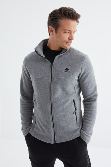 Gri Melanj Fermuarlı Dik Yaka Standart Kalıp Erkek Polar Sweatshirt - 88134 