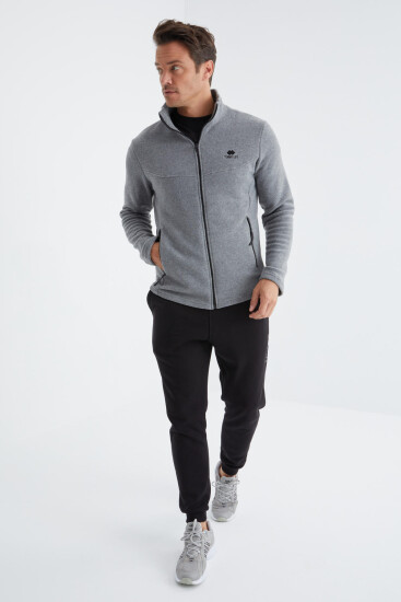 Gri Melanj Fermuarlı Dik Yaka Standart Kalıp Erkek Polar Sweatshirt - 88134 - TOMMYLIFE (1)