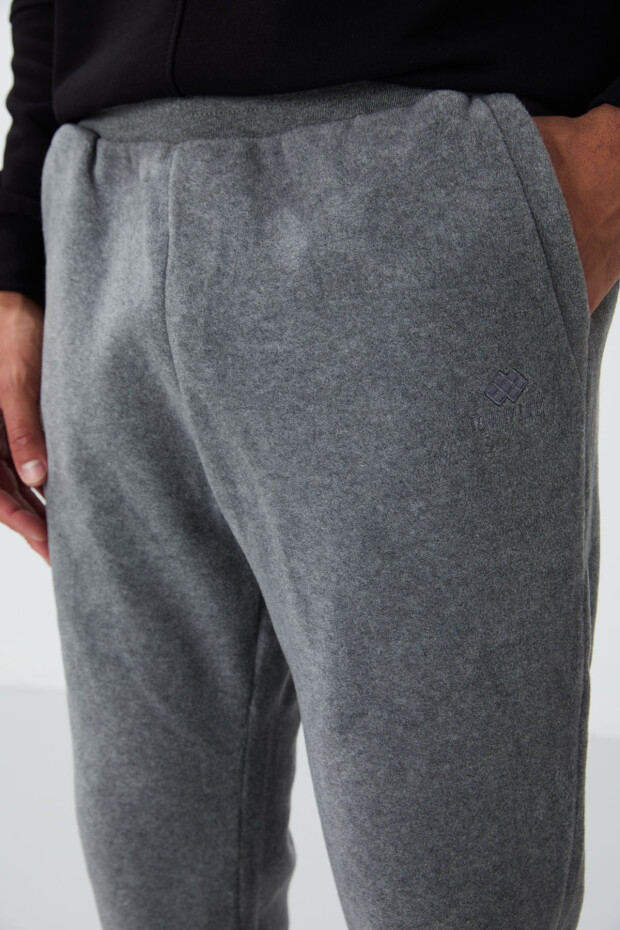 Gri Melanj Gizli Fermuarlı Rahat Form Lastik Paça Polar Erkek Eşofman Alt - 84866 - 2