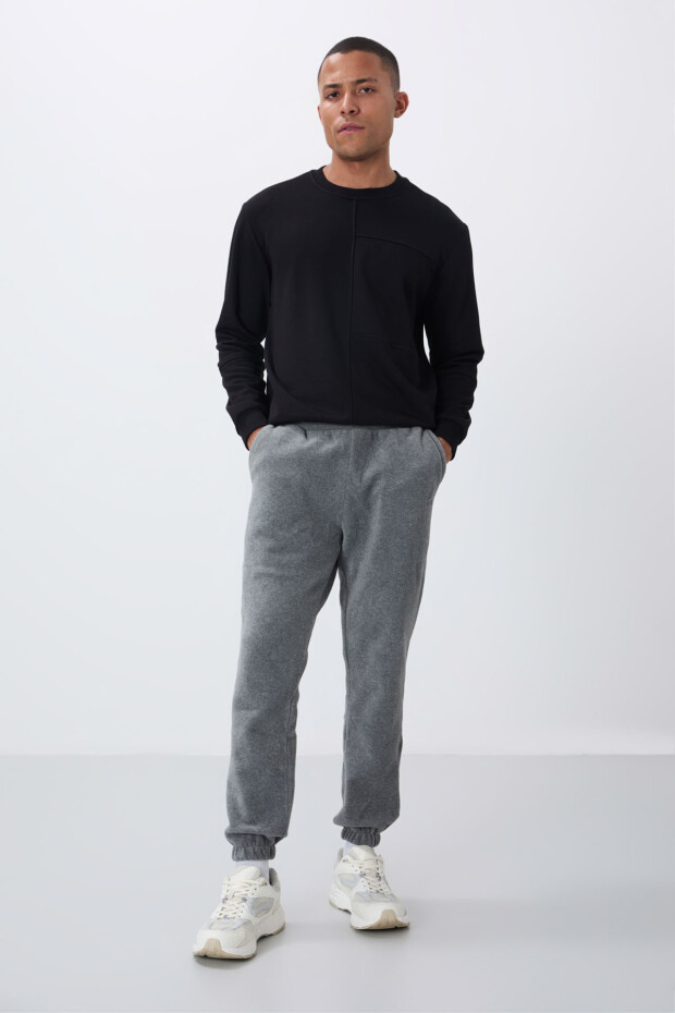 Gri Melanj Gizli Fermuarlı Rahat Form Lastik Paça Polar Erkek Eşofman Alt - 84866 - 3