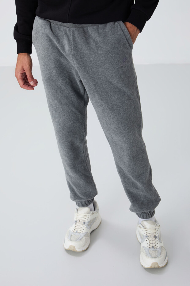 Gri Melanj Gizli Fermuarlı Rahat Form Lastik Paça Polar Erkek Eşofman Alt - 84866 - 1